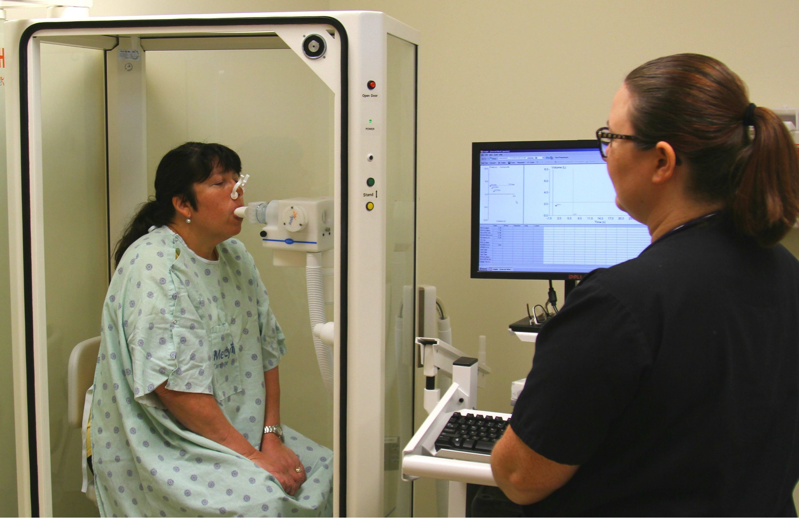 Pulmonary testing - picture of woman in hospital gown getting a Pulmonary test