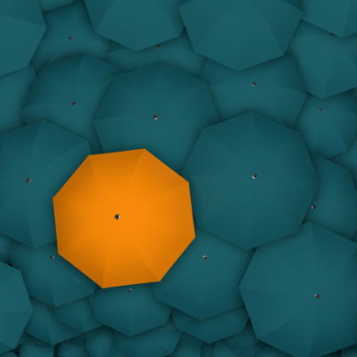 A Solution - picture of orange umbrella in sea of blue ones
