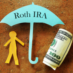 roth ira conveyed through a $100 bill, a paper umbrella, and a paper person