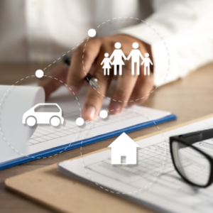 a picture with icons of a family, car, and house symbolizing insurable interest