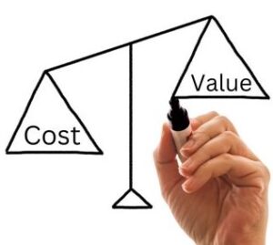 A photo of a hand drawing a scale, one side saying "cost" and the other side saying "value", representing allocation of some of the death benefit towards LTC instead of the whole face amount providing good value and helps keep the cost of the overall policy down.