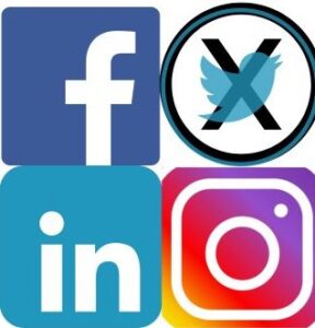 Picture of the Facebook, Twitter (X), LinkedIn, and Instagram logos symbolizing WHERE your clients consume information.